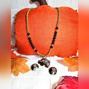 Vintage gold tone cloisonne elephant pendant with matching earrings
